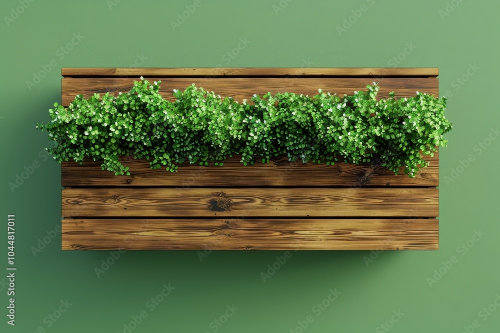 Green plants in a wooden planter against a pastel wall background Green plants in a wooden planter against a pastel wall background