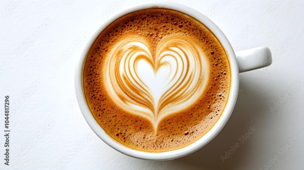 Flat white with latte art heart in a white porcelain cup, high contrast, isolated on white, clean and sharp focus Flat white with latte art heart in a white porcelain cup, high contrast, isolated on white, clean and sharp focus