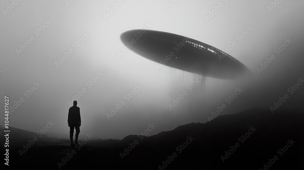 Fototapeta premium Silhouette of a Man Gazing at a UFO in a Foggy Landscape