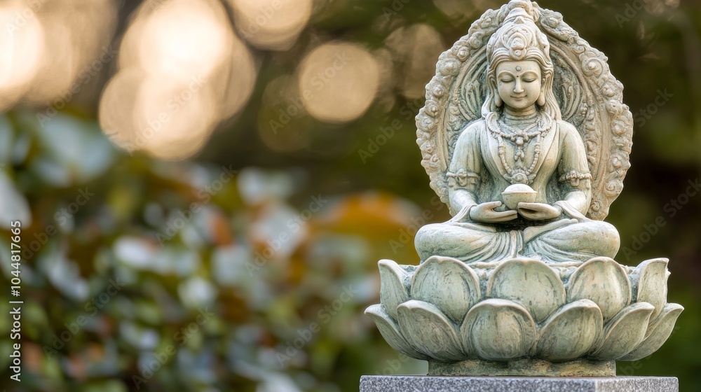 Fototapeta premium Peaceful Buddha Statue in Lotus Pose with Bokeh Background