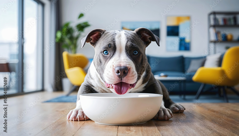 Cute little Pitt Bull puppy dog eating form blank white bowl mock up in modern living room background, pets and animals
