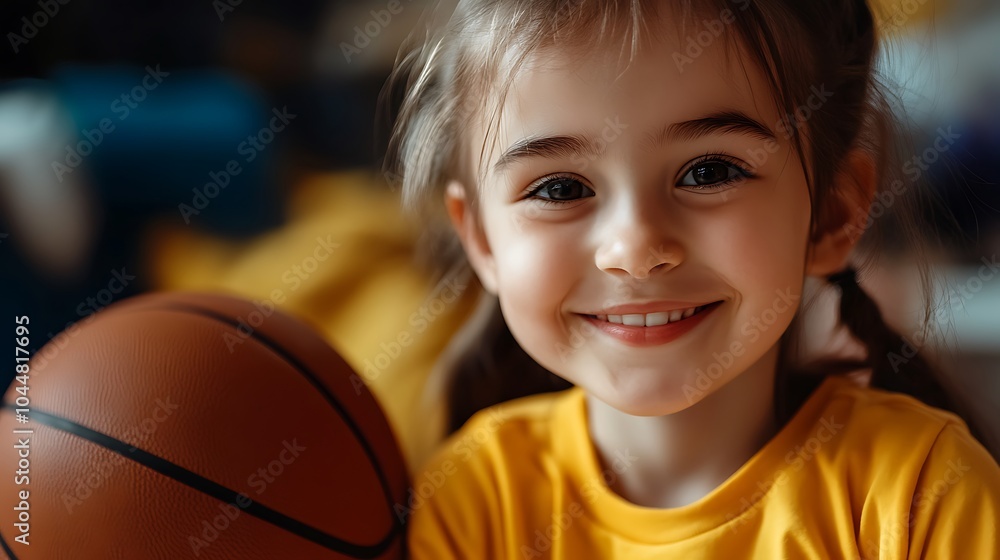 A young girl smiles brightly as she holds a basketball. A young girl smiles brightly as she holds a basketball.