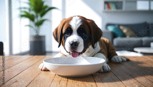Obraz na płótnie Cute little St. Bernard puppy dog eating form blank white bowl mock up in modern living room background, pets and animals w salonie