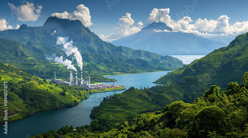 long distance view of petrochemical facility surrounded by lush green mountains and serene river. scene captures contrast between industrial activity and natural beauty, evoking sense of harmony