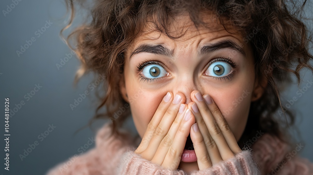 Shocked woman with wide eyes and open mouth, covering her face with hands. Shocked woman with wide eyes and open mouth, covering her face with hands.