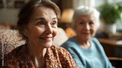 Elderly woman and caregiver in a warm, inviting living room, both sharing a laugh, with empty space above for text, promoting care and connection