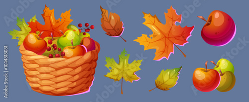Autumn harvest basket. Thanksgiving fruit box with apple and leaves. Cute fall bucket with farmer food in golden season. Forest garden or orchard produce element with guelder berry and maple leaf