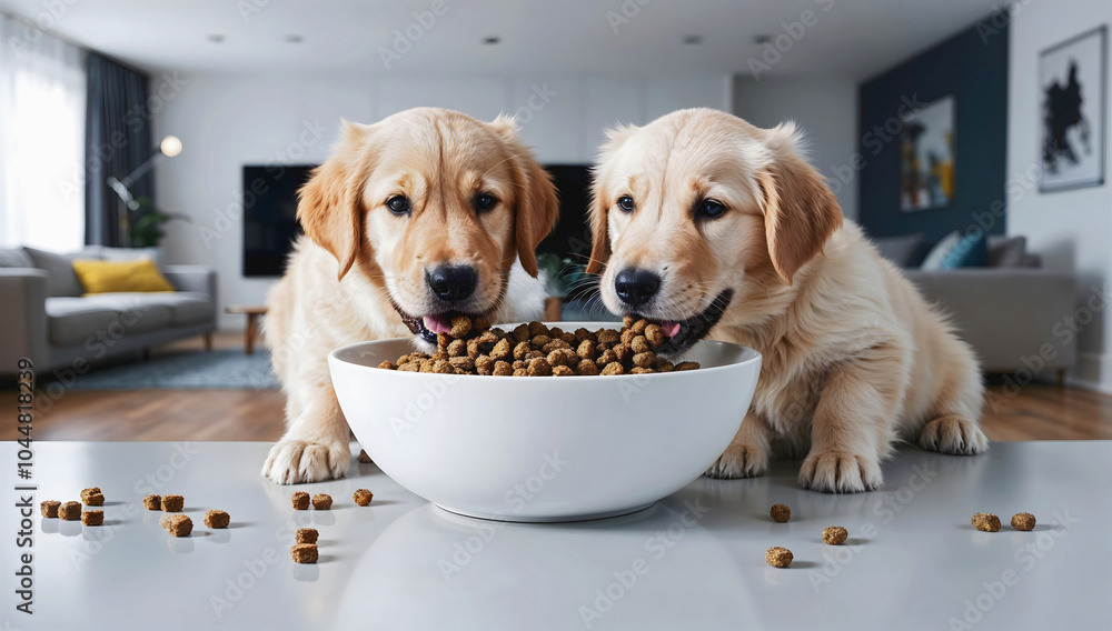 Cute little Golden Retriever puppy dog eating form blank white bowl mock up in modern living room background, pets and animals