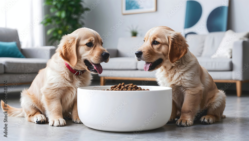 Cute little Golden Retriever puppy dog eating form blank white bowl mock up in modern living room background, pets and animals