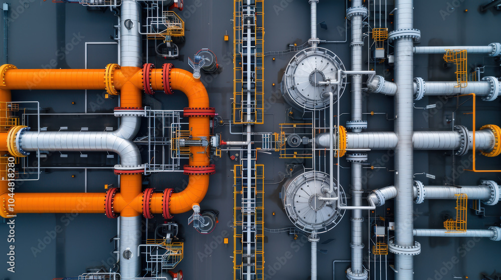 Aerial view of complex network of refinery towers and pipelines, showcasing intricate industrial design and engineering. vibrant colors of pipes contrast with metallic structures, creating visually Aerial view of complex network of refinery towers and pipelines, showcasing intricate industrial design and engineering. vibrant colors of pipes contrast with metallic structures, creating visually