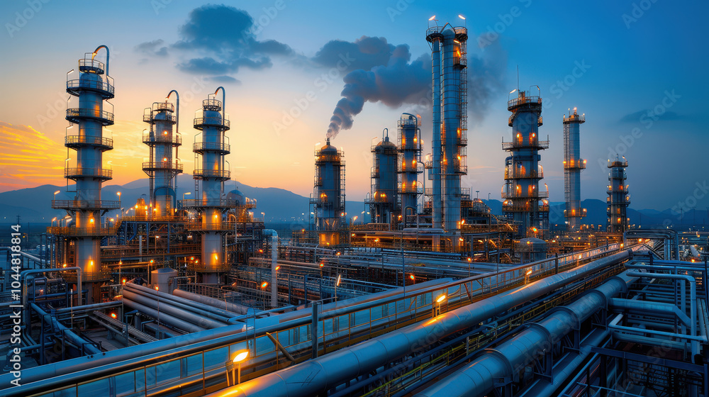 panoramic view of petrochemical refinery at sunset, showcasing towering structures and pipes illuminated by warm lights. scene captures industrial beauty and complexity of facility panoramic view of petrochemical refinery at sunset, showcasing towering structures and pipes illuminated by warm lights. scene captures industrial beauty and complexity of facility