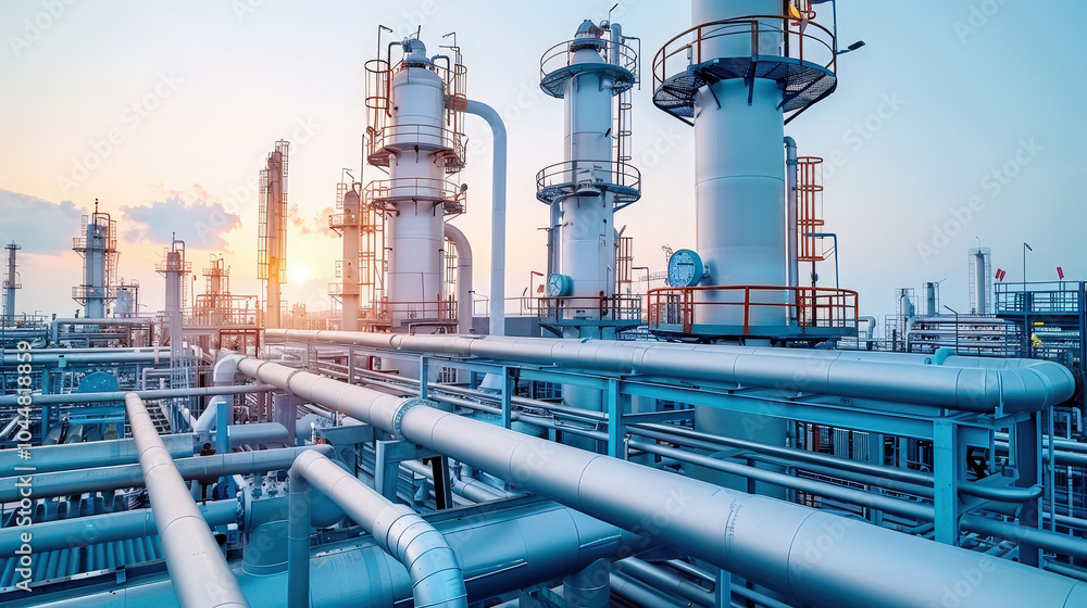 panoramic view of petrochemical refinery showcasing intricate pipelines and towering structures against vibrant sunset. scene captures industrial essence and complexity of facility panoramic view of petrochemical refinery showcasing intricate pipelines and towering structures against vibrant sunset. scene captures industrial essence and complexity of facility