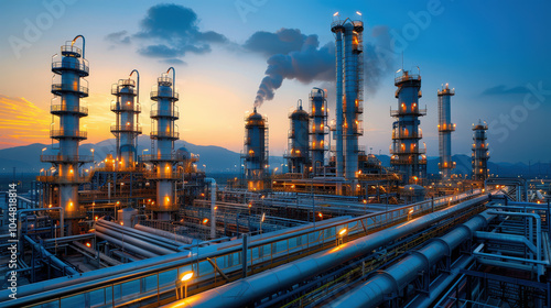 panoramic view of petrochemical refinery at sunset, showcasing towering structures and pipes illuminated by warm lights. scene captures industrial beauty and complexity of facility