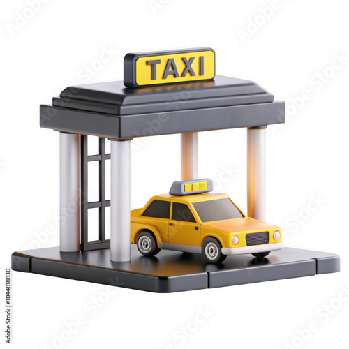 A yellow taxi is parked in front of a stylized taxi station, featuring a modern design. The model is bright and colorful, ideal for showcasing transportation themes. photo