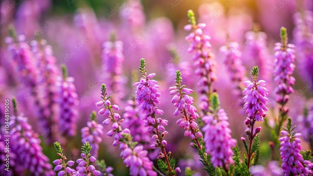 Obraz premium Violet Heather flowers field with small pink lilac petals, shallow depth of field
