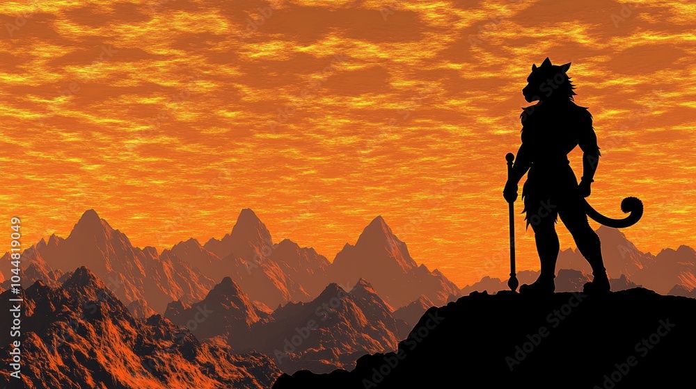 Silhouette of a Furry Creature Standing on a Mountaintop at Sunset Silhouette of a Furry Creature Standing on a Mountaintop at Sunset