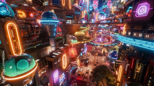 Futuristic cityscape with neon lights and innovative architecture in a vibrant metaverse world