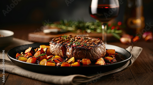 perfectly cooked T bone steak served with roasted vegetables and glass of red wine creates warm and inviting dining experience. rich flavors and presentation evoke sense of indulgence and