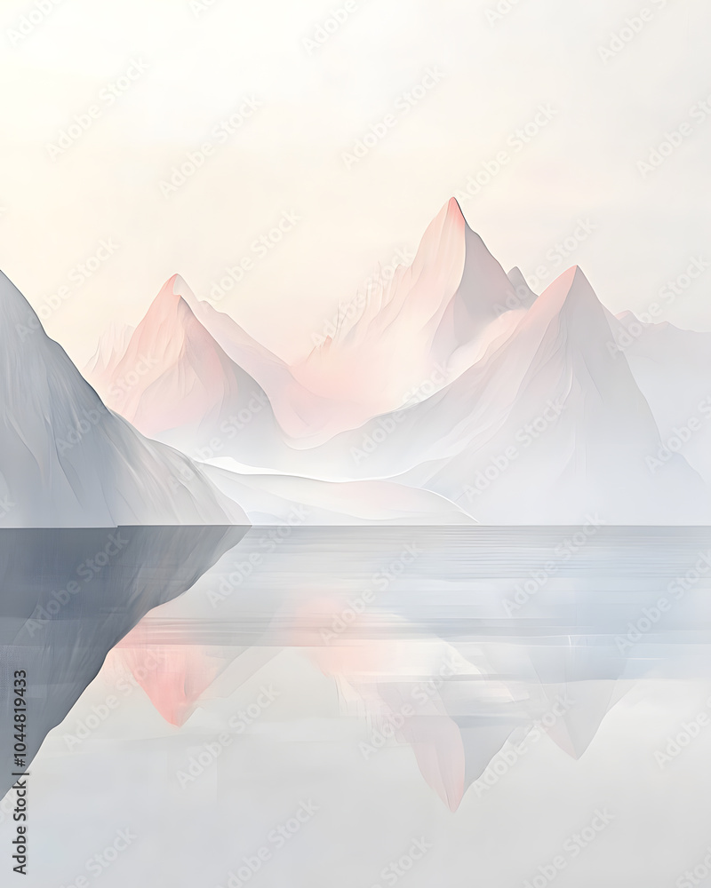 Obraz premium Serene mountain landscape at dawn reflecting on calm waters with soft pastel hues and misty atmosphere