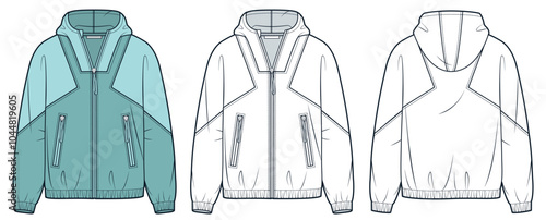 Zipped Jacket fashion design. Hooded Sweatshirt fashion flat technical drawing template, pockets, oversize, front and back view, white, green, women, men, unisex CAD mockup set.