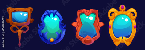 Decorative magical mirrors set for fantasy game interface. Vintage frames with ornate designs in brown, azure, coral and golden colors. Enchanted reflective surfaces glow with turquoise light.
