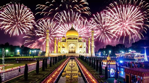 A breathtaking Diwali night in Agra with the iconic Taj Mahal illuminated by soft golden lights and surrounded by glowing diyas placed along the pathways leading to the monument. photo