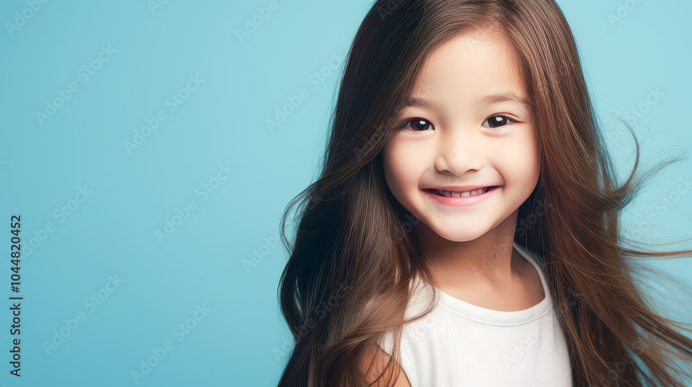 Portrait of smiling asian girl child with long white hair blue background. Portrait of smiling asian girl child with long white hair blue background.