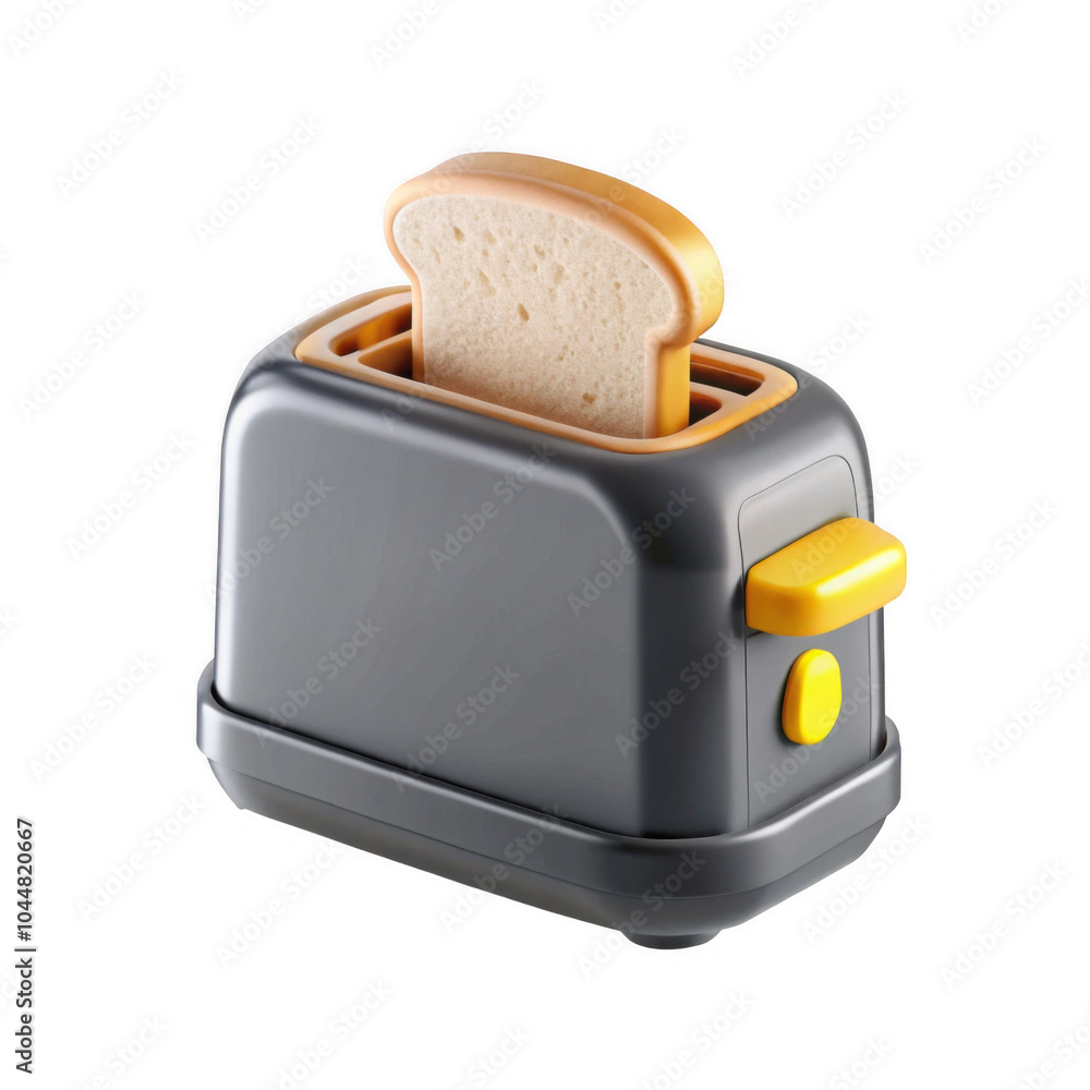 A modern toaster with a slice of bread ready for toasting. The design features a blend of yellow and gray colors, showcasing a 3D render style. A modern toaster with a slice of bread ready for toasting. The design features a blend of yellow and gray colors, showcasing a 3D render style.