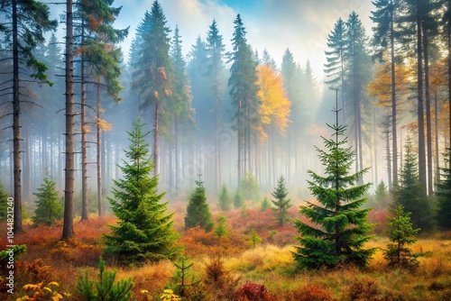 silhouette of coniferous trees on misty autumn morning