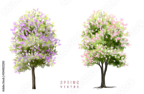  Vector watercolor blooming flower tree or forest side view isolated on white background for landscape and architecture drawing,elements for environment or and garden,green tree for garden section 