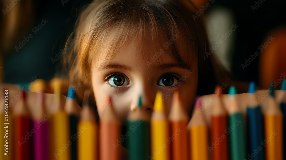 Little girl peeking over colorful pencils. Little girl peeking over colorful pencils.