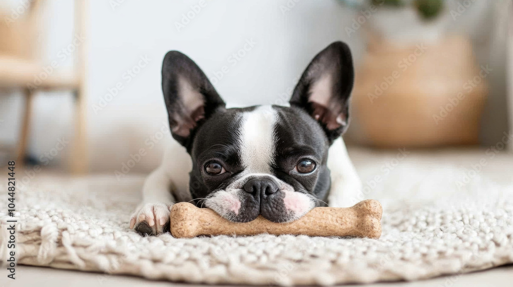 A playful French Bulldog rests on cozy rug, holding chew bone in its mouth, exuding sense of calm and contentment. This adorable pet captures hearts effortlessly A playful French Bulldog rests on cozy rug, holding chew bone in its mouth, exuding sense of calm and contentment. This adorable pet captures hearts effortlessly