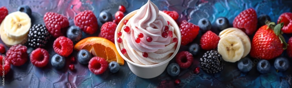 Cup of whipped cream with berries and orange slices, food background, banner, copy space Cup of whipped cream with berries and orange slices, food background, banner, copy space