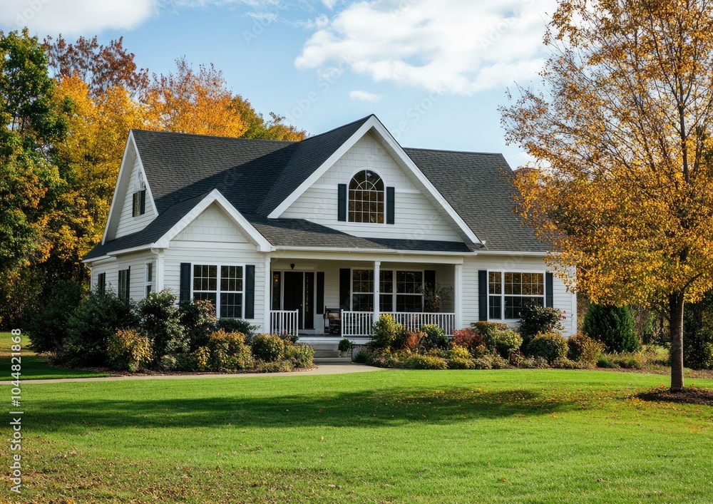 A beautiful white farmhouse with a dark roof, a large front porch, and an inviting feel during the golden hour. Lush green grass surrounds it A beautiful white farmhouse with a dark roof, a large front porch, and an inviting feel during the golden hour. Lush green grass surrounds it