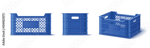 Blue plastic crate box. Fruit and vegetable empty basket for storage. Market container for food packaging and delivery in supermarket. Cargo warehouse tray for farming grocery transportation mockup