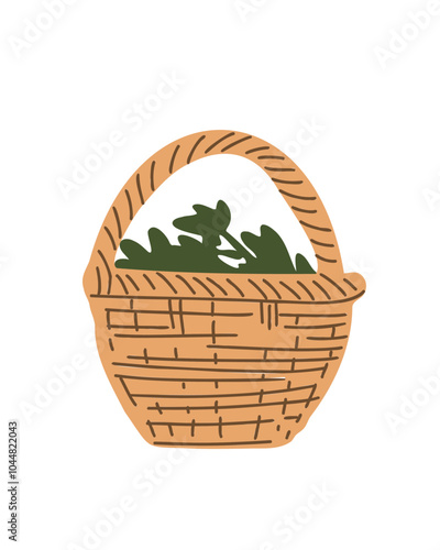 a woven basket filled with fresh herbs, in a modern cartoon style, ideal for organic food projects and healthy eating