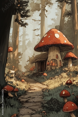 Enchanted forest: magical creatures and glowing mushroom