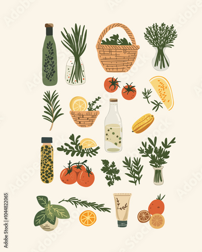 Minimalist vector set of fresh herbs, tomatoes, and kitchen ingredients, perfect for healthy eating campaigns and natural food branding.