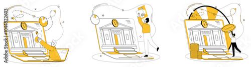 Online loan vector illustration. Business success sets sail on ship online loans, propelled by winds financial support Money becomes ally business growth through portal online loans and investments