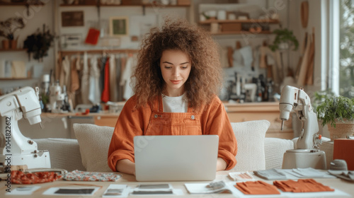 A focused woman with curly hair works on laptop in cozy sewing studio, surrounded by fabric and sewing machines, showcasing creativity and craftsmanship