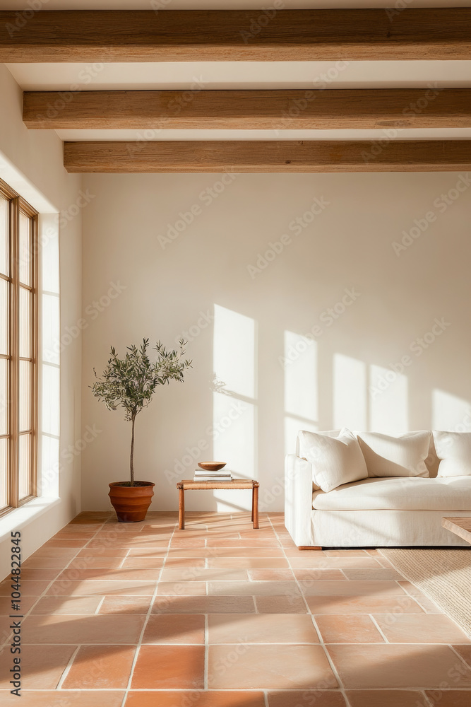 Fototapeta premium A bright and airy interior featuring cozy sofa, potted olive tree, and warm terracotta flooring. Sunlight streams through large windows, creating serene atmosphere