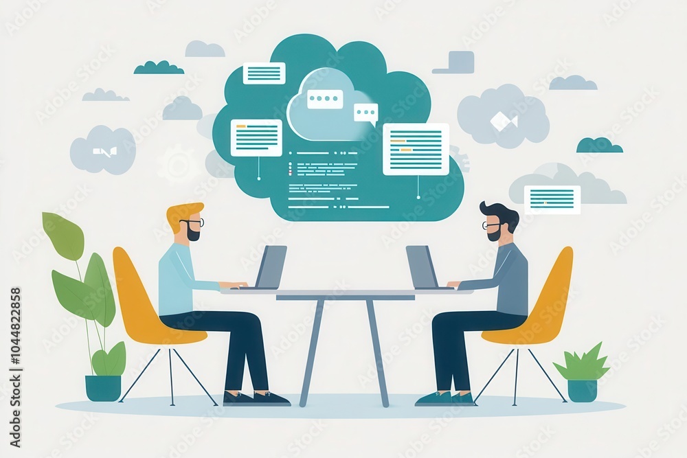 B2B cloud communication system, flat design, front view, online collaboration theme, animation, splitcomplementary color scheme B2B cloud communication system, flat design, front view, online collaboration theme, animation, splitcomplementary color scheme