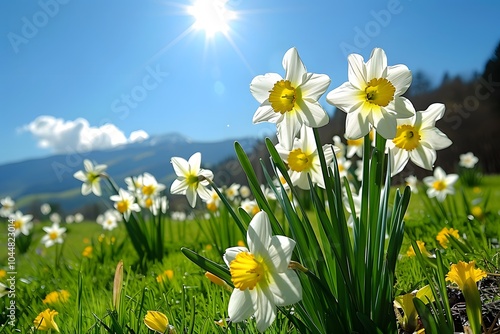 Springtime Bloom: Daffodils in Lush Mountain Meadow Under Bright Sunlight