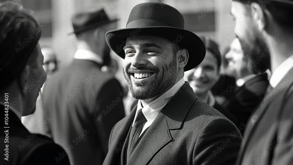 A man in a suit and hat smiles as he speaks to someone off-camera, surrounded by other men in hats A man in a suit and hat smiles as he speaks to someone off-camera, surrounded by other men in hats