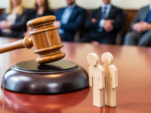 A gavel rests on a wooden surface, symbolizing justice and authority in a courtroom setting, representing the judgment and legal proceedings led by a judge and lawyer photo