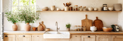 A beautifully designed kitchen interior featuring wooden countertop, elegant pottery, and fresh greenery. shelves are adorned with various kitchenware, creating warm and inviting atmosphere