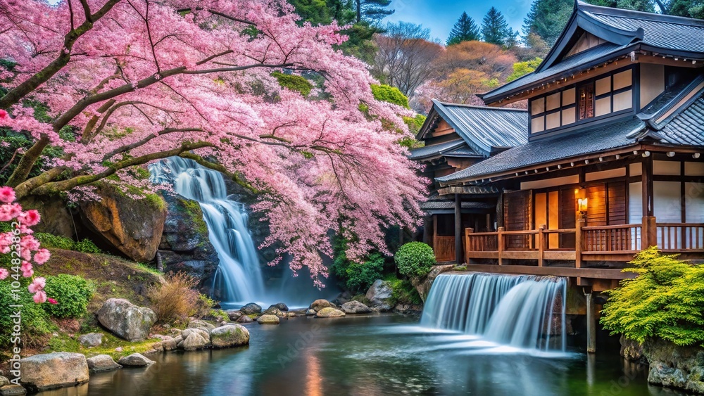 Volumetric Japanese house with waterfall and sakura trees Volumetric Japanese house with waterfall and sakura trees