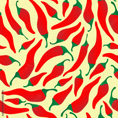 Seamless pattern with hand drawn red chili pepper on yellow background. Design for fabric, kitchen decor, wallpaper packaging paper.