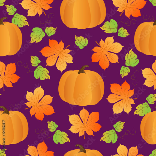 Seamless pattern with hand drawn autumn chestnut leaves, pumpkin on purple background.