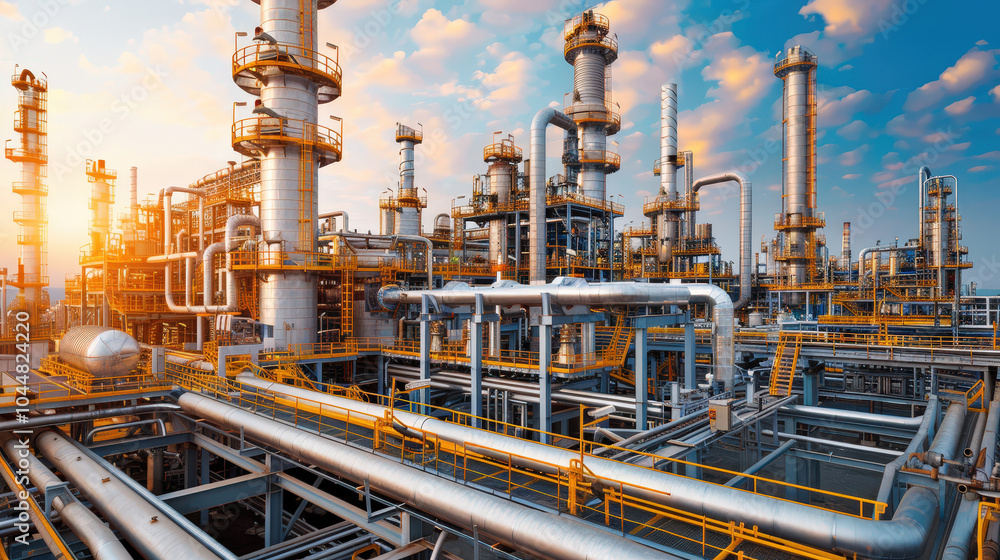 Aerial view of large refinery complex with numerous pipes and industrial structures under vibrant sky. scene captures intricate design and scale of facility, evoking sense of industrial power and Aerial view of large refinery complex with numerous pipes and industrial structures under vibrant sky. scene captures intricate design and scale of facility, evoking sense of industrial power and